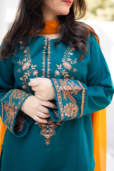 3 Piece - Teal Green Embroidered Dress_img_2