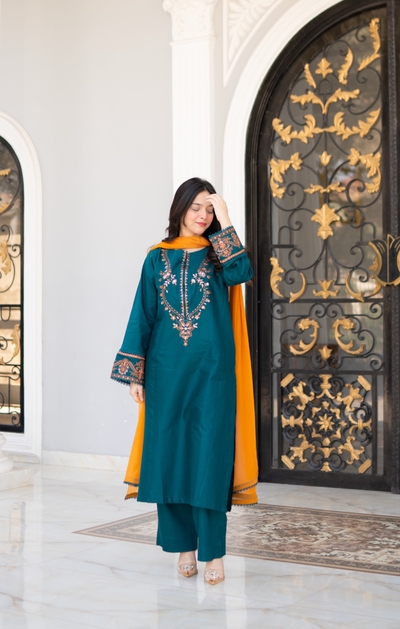 3 Piece - Teal Green Embroidered Dress_img_0