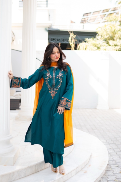 3 Piece - Teal Green Embroidered Dress_img_1