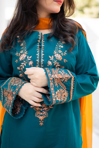 3 Piece - Teal Green Embroidered Dress_img_2