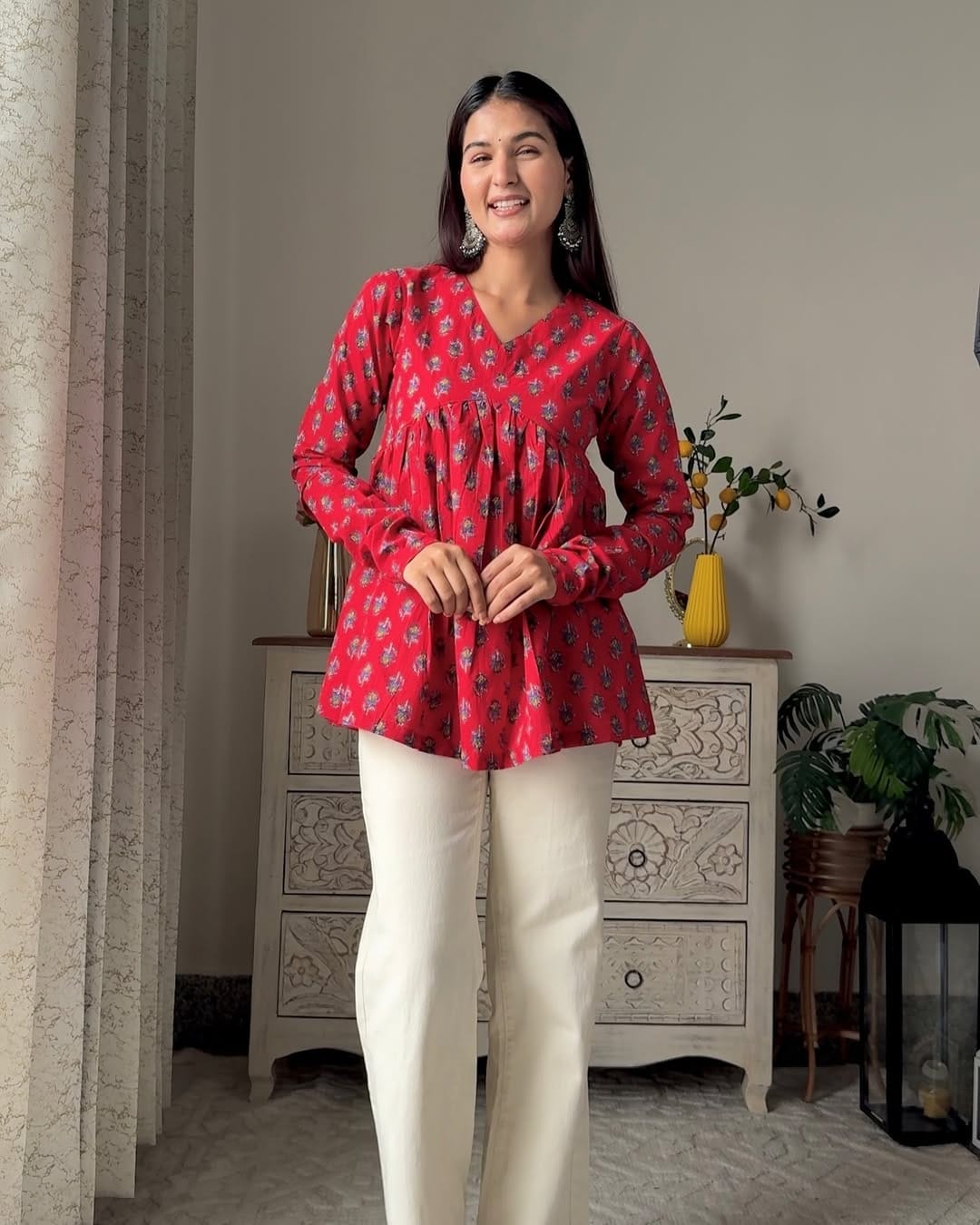 Red Full Sleeve V Neck Pure Cotton Top