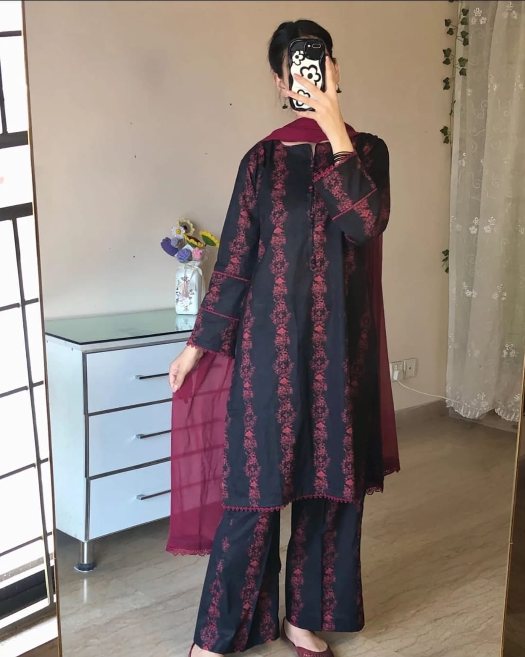 Black Flora Stitched Three Piece