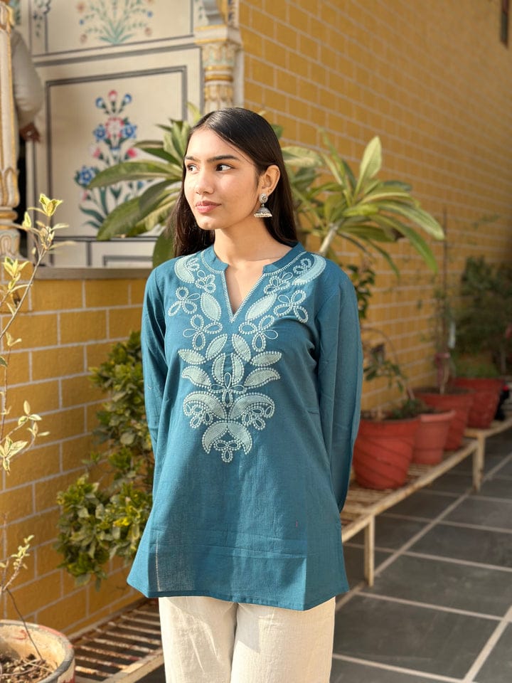 Teal Blue Cotton Kurti With Floral Embroidery