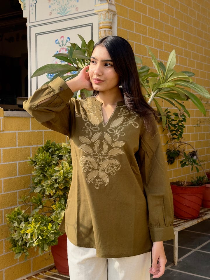 Olive Cotton Kurti With Floral Embroidery